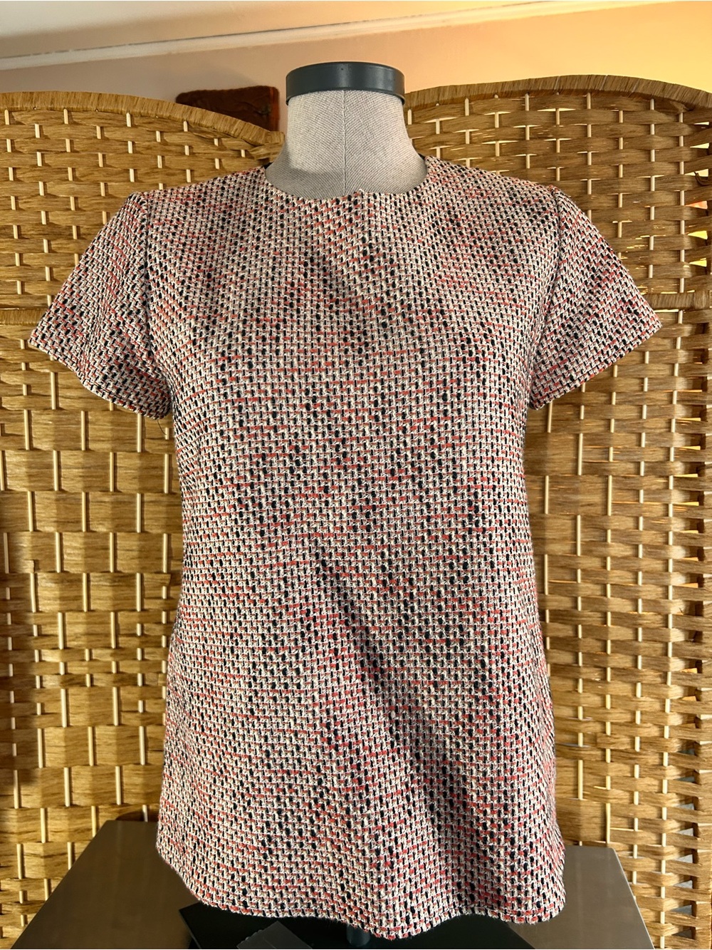 Tweed Front Black Back Mixed Media Short Sleeve Blouse Banana Republic PS